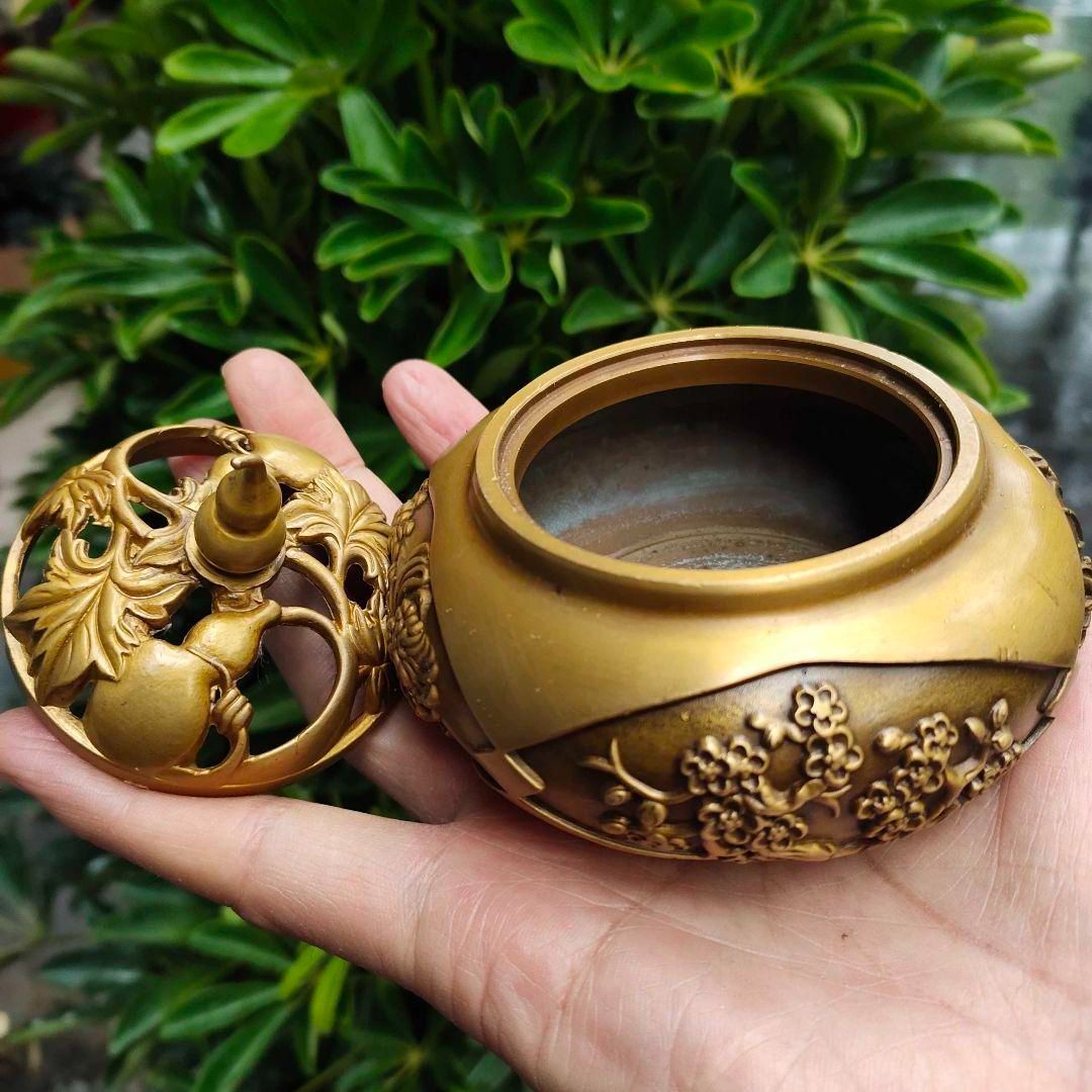 銅 細工 四季花瓢簞蓋香炉 銅製 茶道具 香道具 工芸品 美術品 置物 銅 細工 四季花瓢簞蓋香炉 銅製 茶道具 香道具 工芸品 美術品