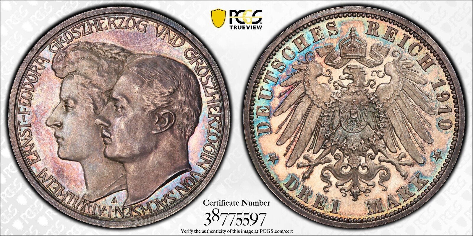 Toning 1910 A SILVER GERMANY PROOF SAXE-WEIMAR-EISENACH 3 MARK PCGS PR64 CAMEO