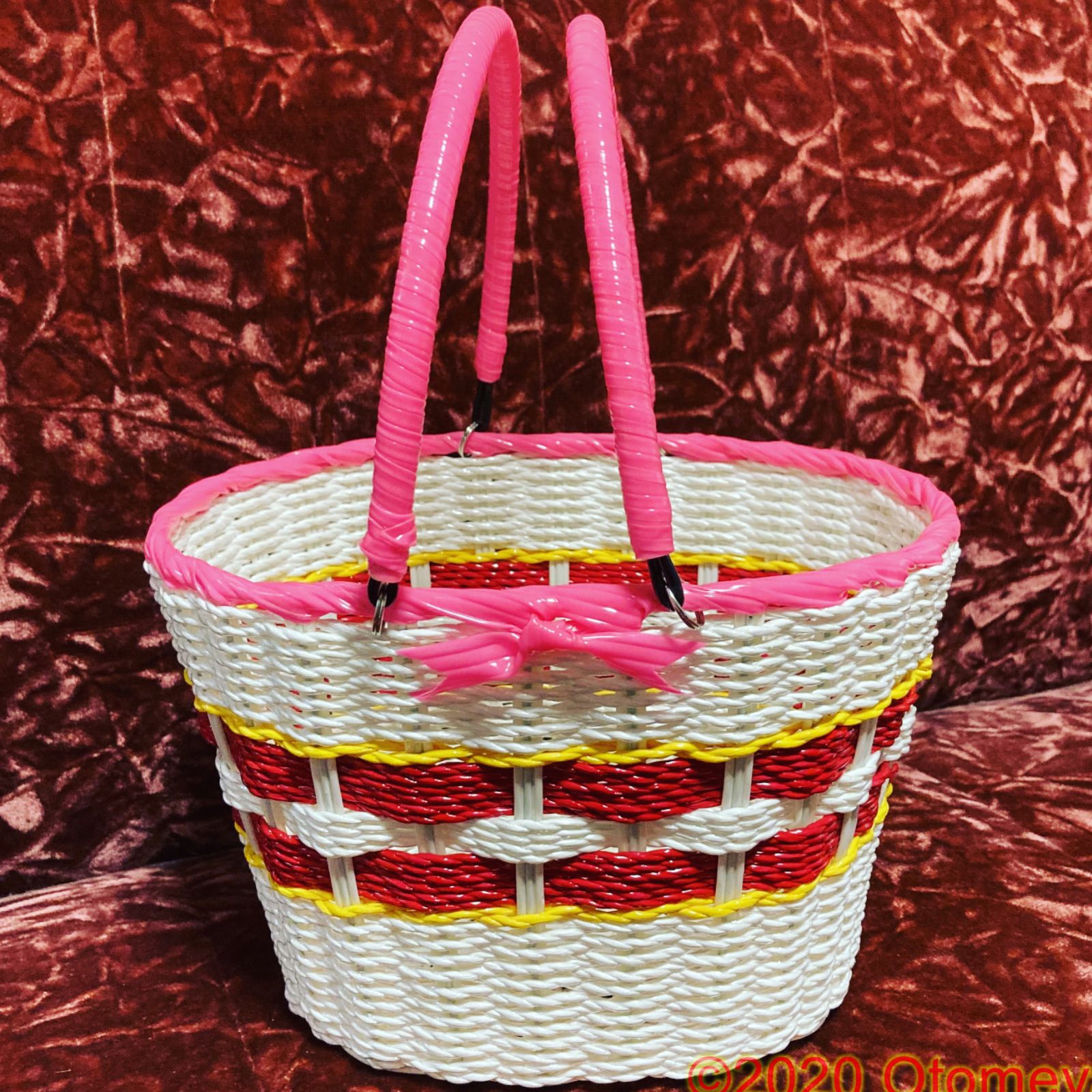 昭和レトロ【籐 買い物かご】ピンク 籠バッグ バスケット ラタン