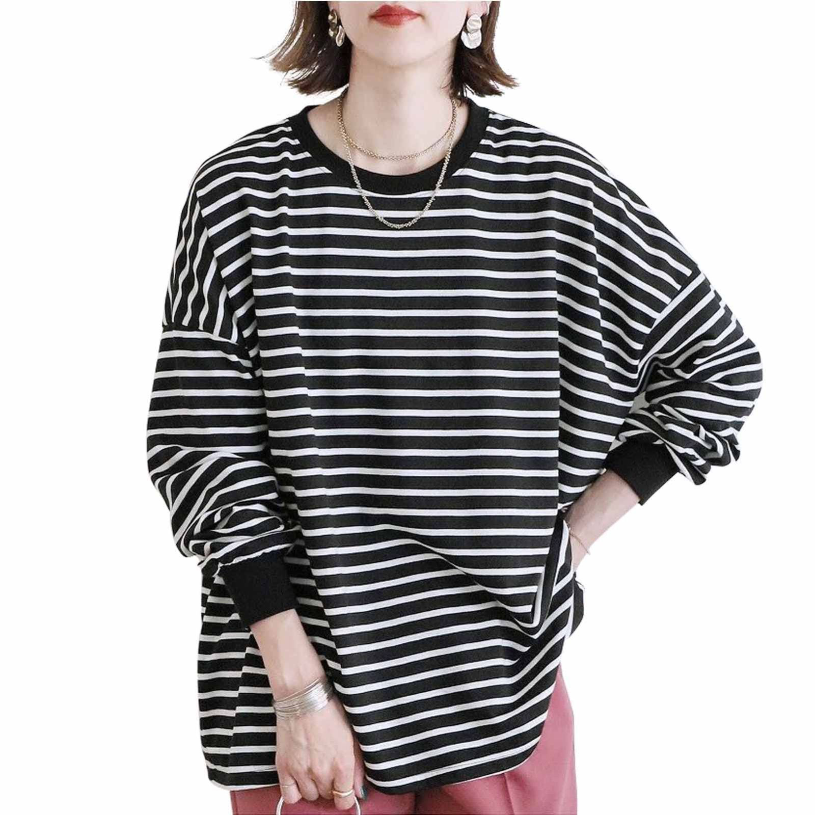 超激得，新品 【新着商品】ボーダー 長袖tシャツ 長袖 スウェット プルオーバー レディース ロングtシャツ 秋 冬 トレーナー 春 薄手 ボーダーtシャツ 無地 大きいサイズ メメエクストラ おしゃれ オフィ トレーナー