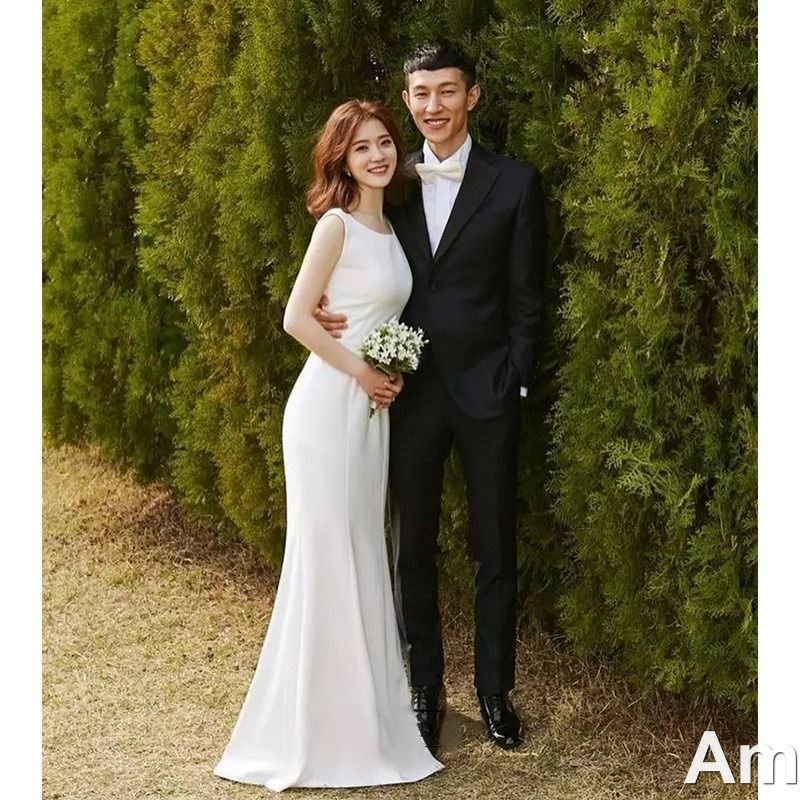 ウエディングドレス マーメイド ホワイト 無地 シンプル お洒落 結婚式 前撮り ノースリーブ フォトウエディング