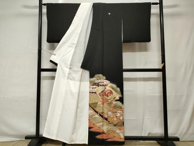 平和屋着物□豪華黒留袖 駒刺繍 萬寿染 鼓 扇面飛鶴文 暈し染め 金彩