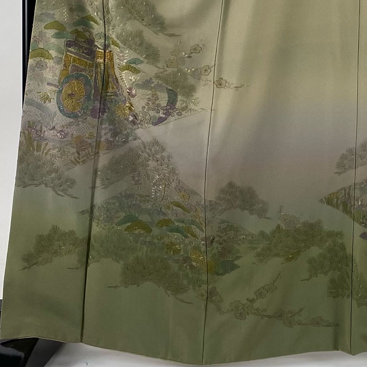 訪問着 身丈166cm 裄丈66cm M 袷 御所車 松竹梅 金糸 刺繍 灰緑 正絹 秀品