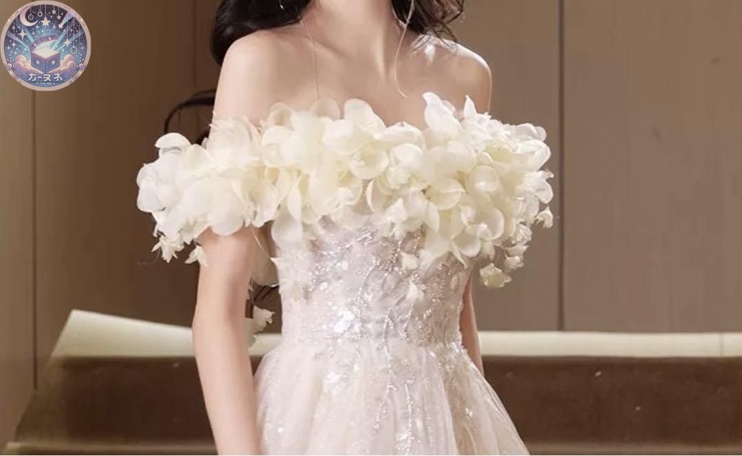 花柄生地がオシャレなブルーのオフショル イブニングドレス 花柄生地に