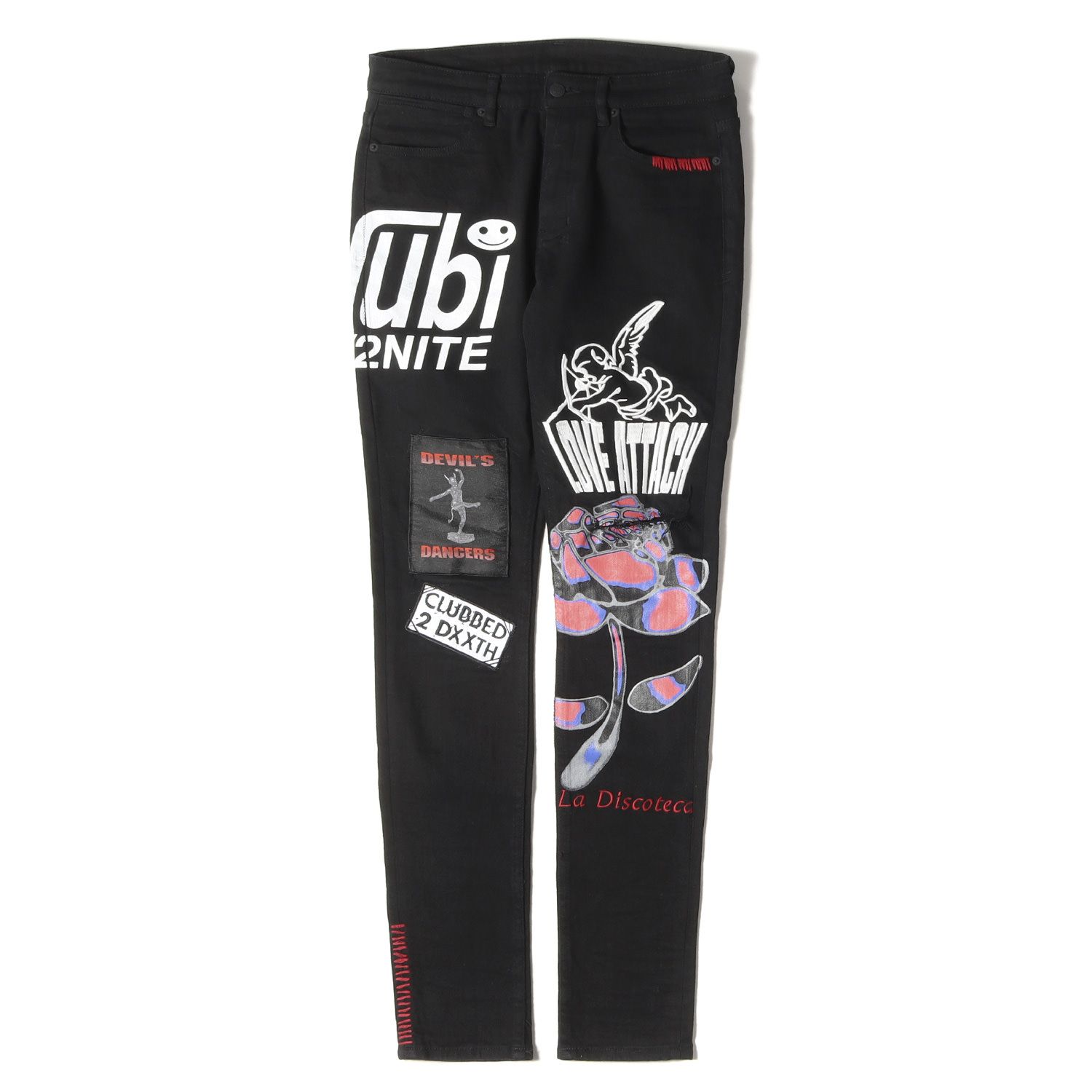 Ksubi スビ パンツ クラッシュ ペイント パッチ ステッチ 加工 ストレッチ デニムパンツ カスタム ヴァン ウィンクル ローズ ジーンズ ボトムス ブラック 黒 32/-*+-*