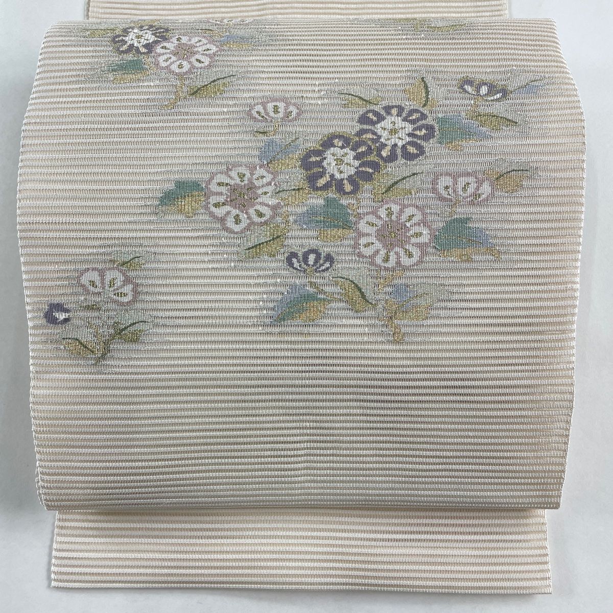 名古屋帯 秀品 夏帯 絽 松葉仕立て 八寸名古屋帯 草花 金銀糸 クリーム 正絹