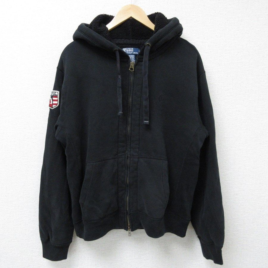 L/古着 ラルフローレン Ralph Lauren 長袖 ブランド フルジップ スウェット パーカー メンズ 90s ワンポイントロゴ 黒 ブラック 内側ボア s