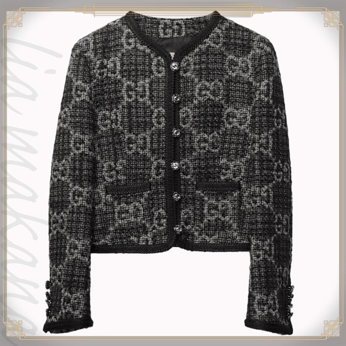 GUCCI グッチ GGツイード ジャケット ノー ジャケット ウィメンズ アウター ウェブストライプ インターロッキングG ダークグレー グレー ブラック 黒 ＃38 イタリア製 761164 ZAPA4 1158