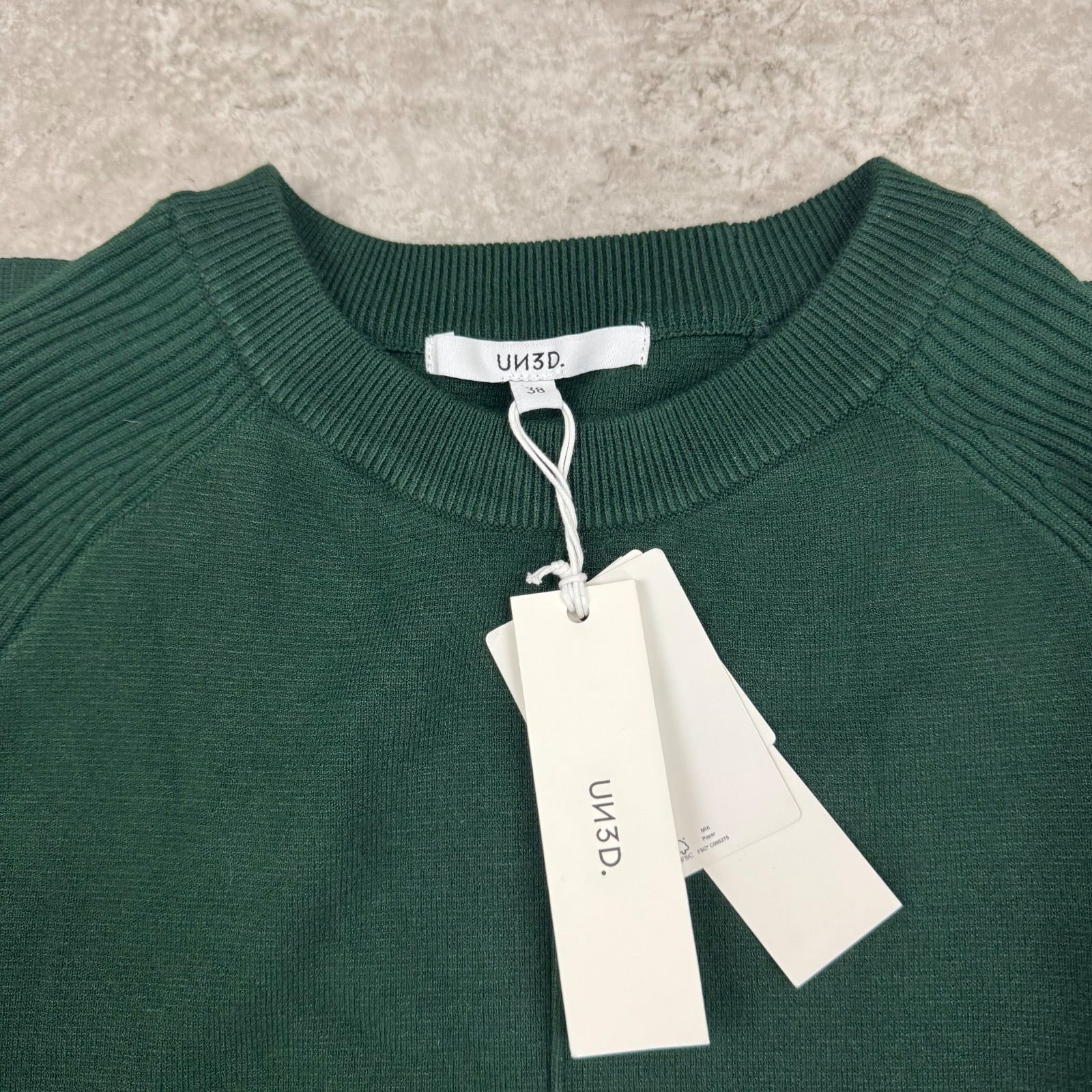 ♥ UN3D アンスリーディ フリルショルダーニット ワンピース グリーン 38 参考価格 33000円