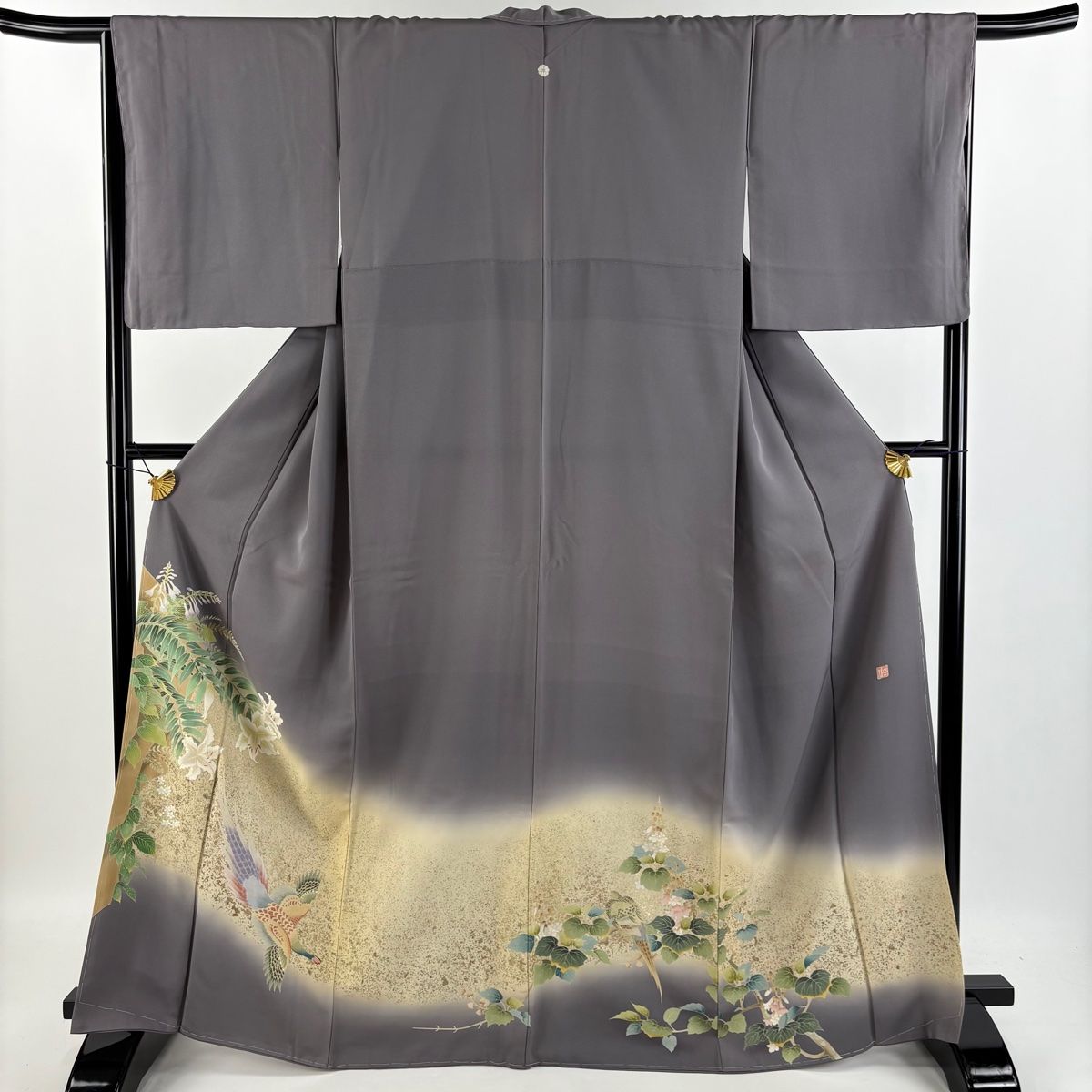 色留袖 身丈166cm 裄丈66cm M 袷 落款 百合 雉 金彩 ぼかし 灰紫