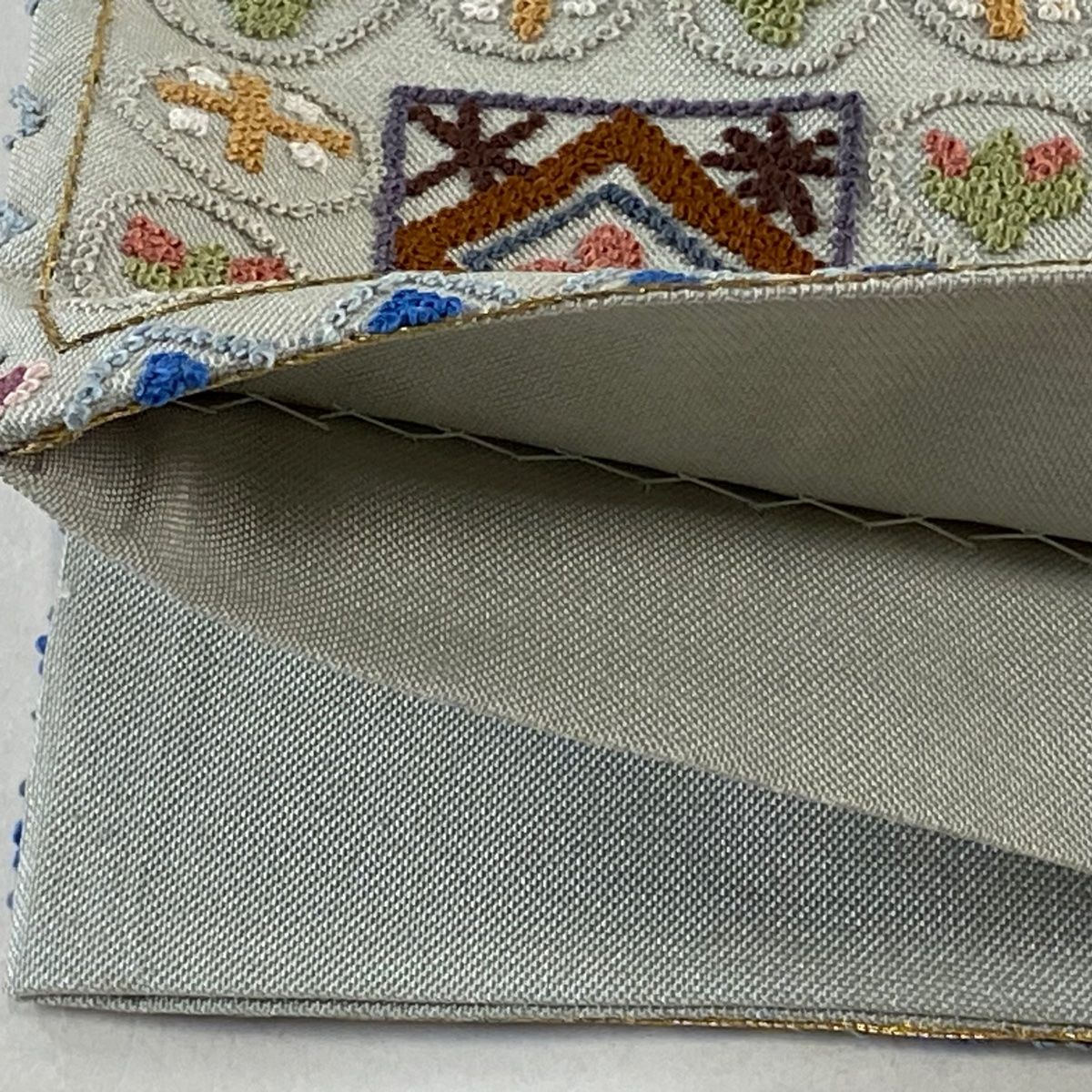 ゆりのはな　袋帯　荒磯　紋織り　金糸　銀通し　六通柄　黒/青色系　正絹　H505 袋帯 美品 秀品 菊 蝶 箔 金糸 青灰色 六通 正絹