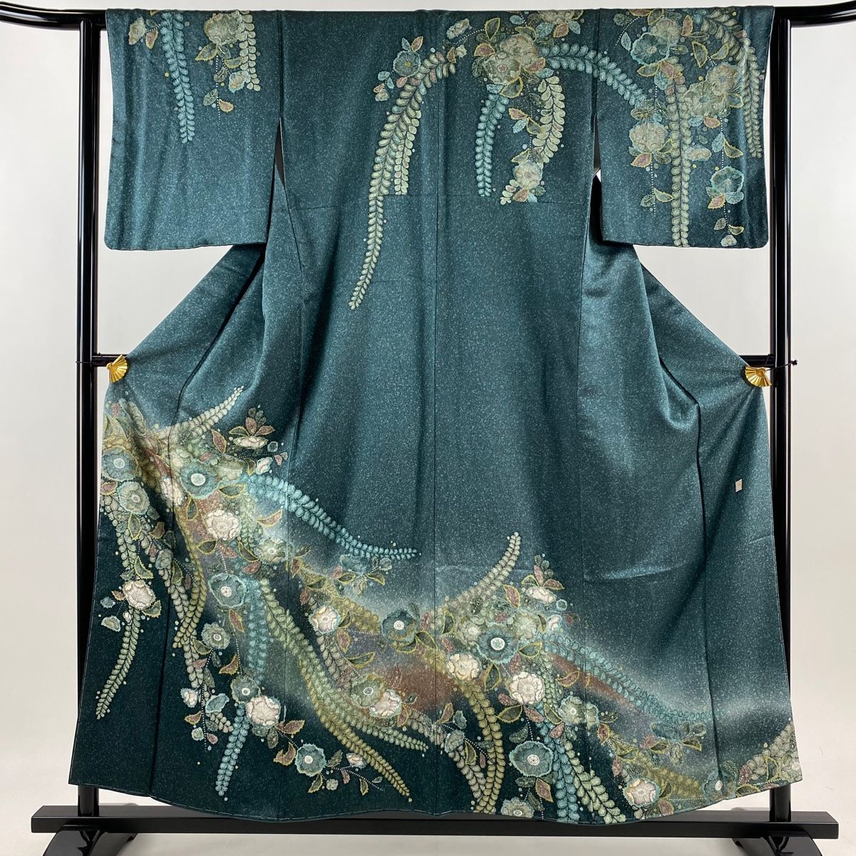 訪問着 身丈157cm 裄丈63cm S 袷 落款 辻が花柄 金彩 ぼかし 深緑 正絹 名品 【】