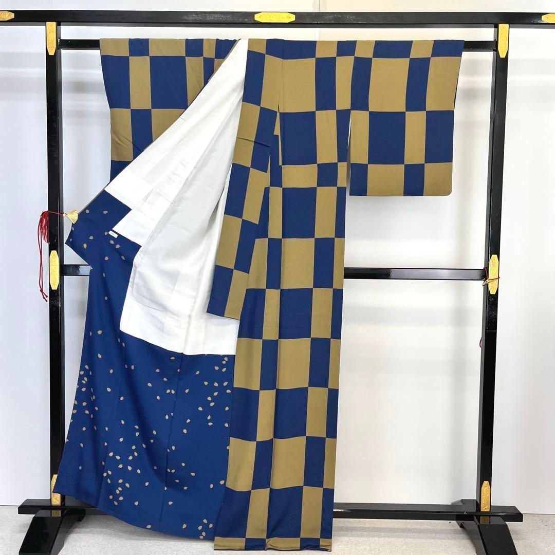 小紋 市松模様 紺青色 唐金色 縮緬 ガード加工 K-4034 小紋