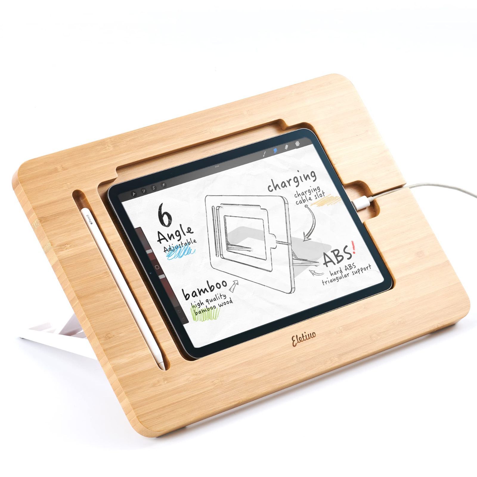 15.6*10.8*1.4 inch ELETIUO 調節なタブレットスタンド 鉛筆u0026充電ケーブルスロット付き アップグレードされた竹製デスクスタンド 複数の角度 オーガナイザーデスクトップホルダー ドローイング