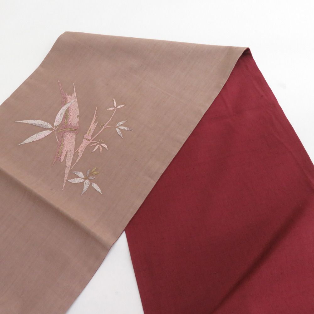 袋帯 洒落袋帯 さがら刺繍 竹文様 お太鼓柄 茶色 紬地 正絹  長さ456cm 【キモノオフ野々市若松店】 袋帯 洒落袋帯 さがら刺繍 竹文様 お太鼓柄 茶色 紬地 正絹 長さ456cm