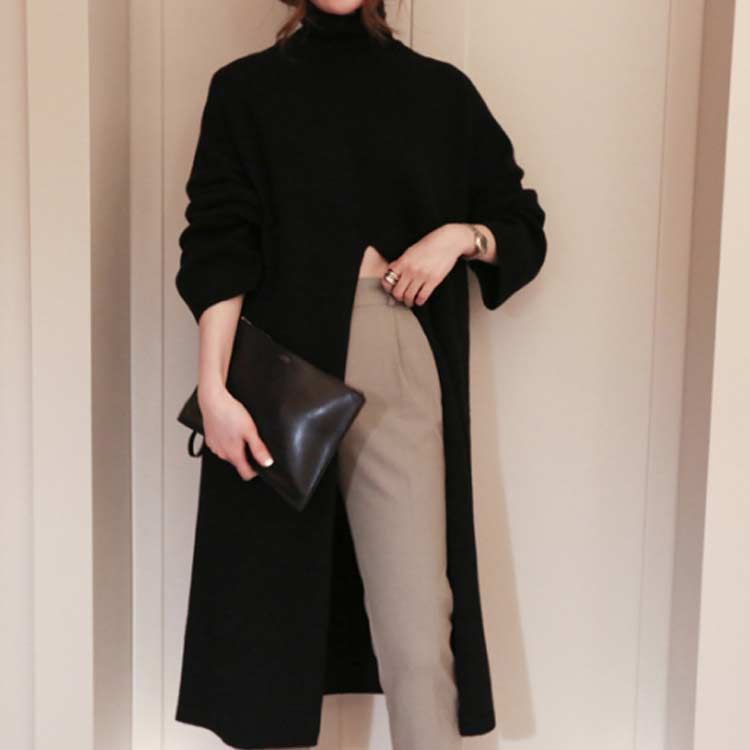スリットニットワンピ ワンピース レディース タートルネック ハイネック ロング スリット 重ね着 レイヤード 長袖 フロントスリット ニット セーター ハイスリット ゆったり 体型カバー カジュアル pdd2503