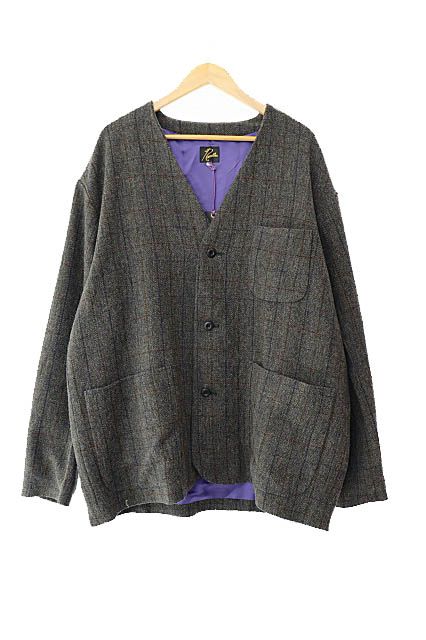 ニードルス ニードルズ Needles V Neck Jacket Wool Windoupane Vネック ノーカラー ジャケット ウール ウィンドウペン チェック柄 PU106 M 灰 グレー ブランド古着ベクトル 中古250217