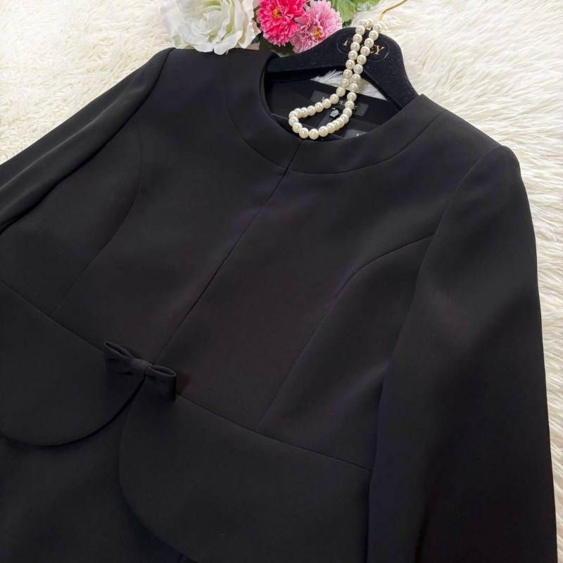 タグ付き ♥品 LILYBURN リリーバーン ブラックフォーマル ワンピース スーツ 13号 東京ソワール ノーカラー リボン付 冠婚葬祭 ケース付