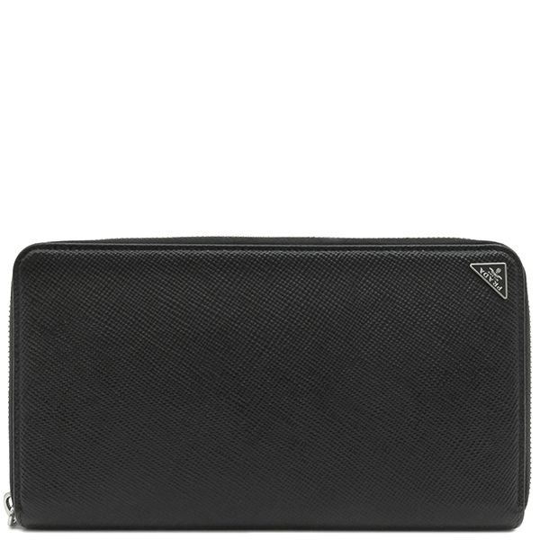 プラダ PRADA 長財布 サフィアーノ ラウンドファスナー レザー ブラック×グレー シルバー金具 黒 ラウンドジップ トラベルケース  2ML188【中古】