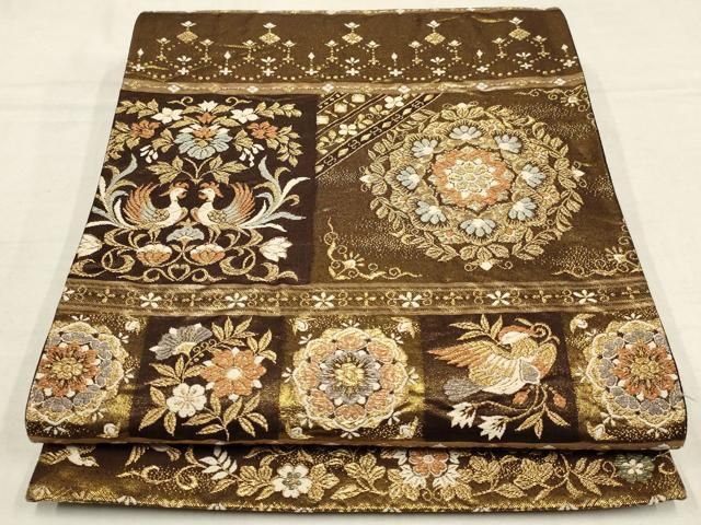 平和屋着物○六通太鼓柄袋帯 陽金綴 風景花鳥文 金糸