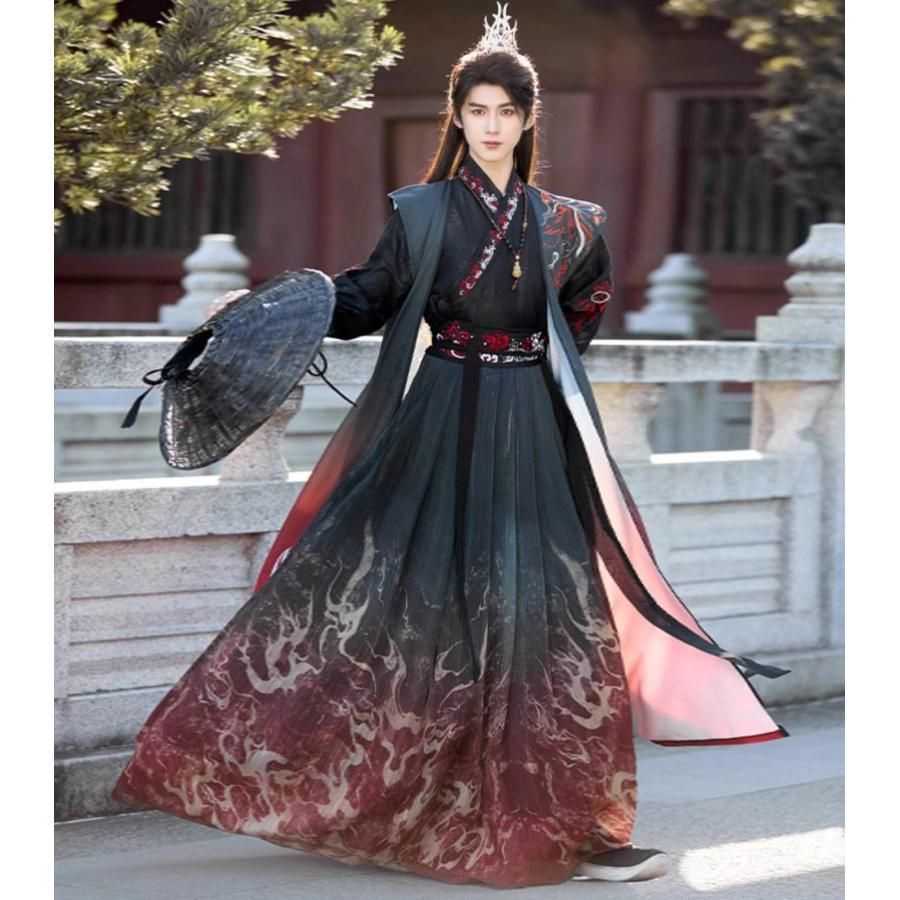 黒赤 グラデーション チャイナ服 羽織付き 華やか 漢服 中華コスプレ衣装 大人 メンズ 中国古代服装 暗黒系 火 のプリント おしゃれ 中