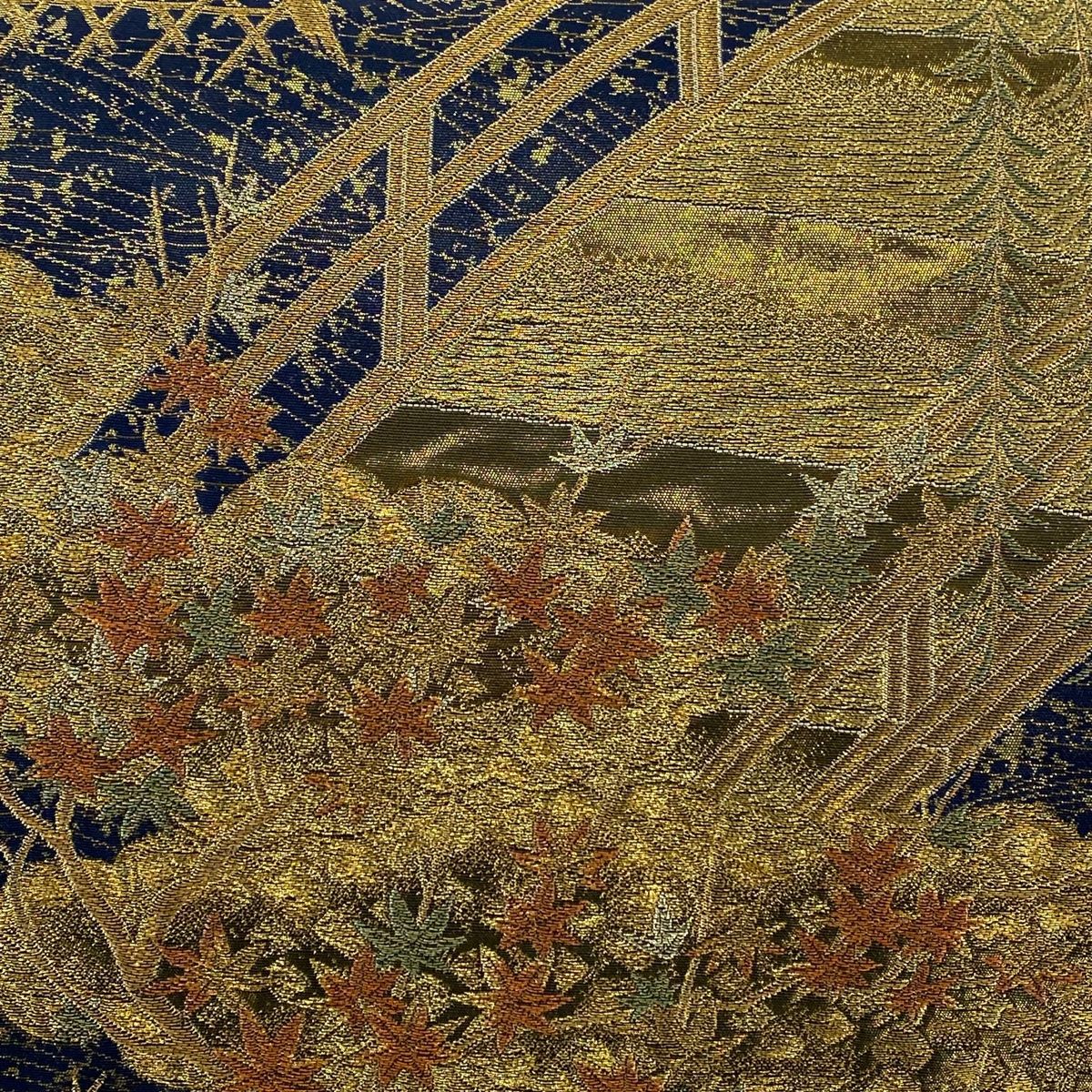 丸帯 桜梅柳紅橋紋 箔 金銀糸 濃紺 お太鼓柄 正絹