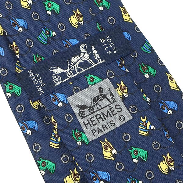 エルメス HERMES ネクタイ 馬柄 8.5cm シルク ネイビー×マルチ