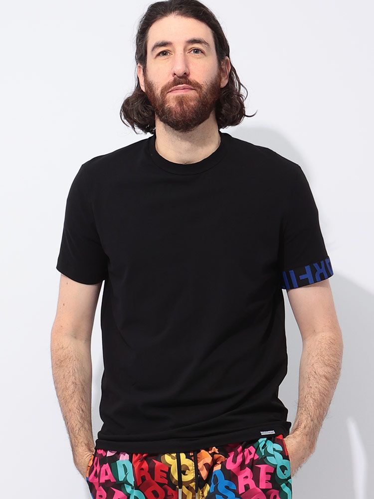 DSQUARED2 (ディースクエアード) 袖バンド ロゴプリント クルーネック 半袖 アンダーTシャツ D2D9M3S5770 ブラック×ブルー