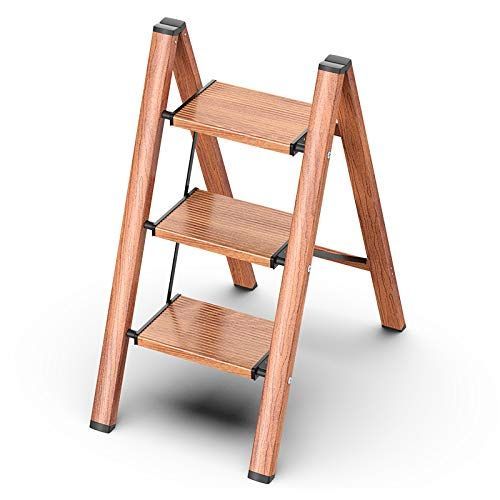【新着商品】デザイン 滑り止めフットカバー付き 軽量アルミ製脚立 室内外兼用 室内踏み台 耐荷重150kg 折り畳み 省スペース 多機能 脚立3段 （木目色 GameGem 三段）