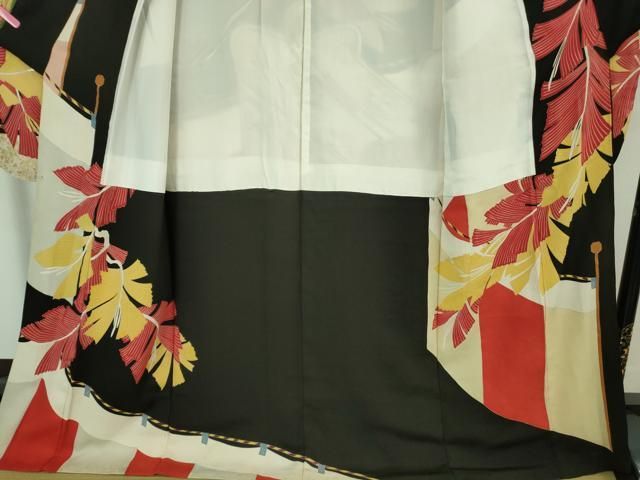 平和屋着物■極上　アンティーク　大正ロマン　振袖　駒刺繍　御所車　黒地　金彩　逸品　DZAA7077kh5 平和屋着物□極上 アンティーク 大正ロマン 振袖 駒刺繍 御所車 黒地