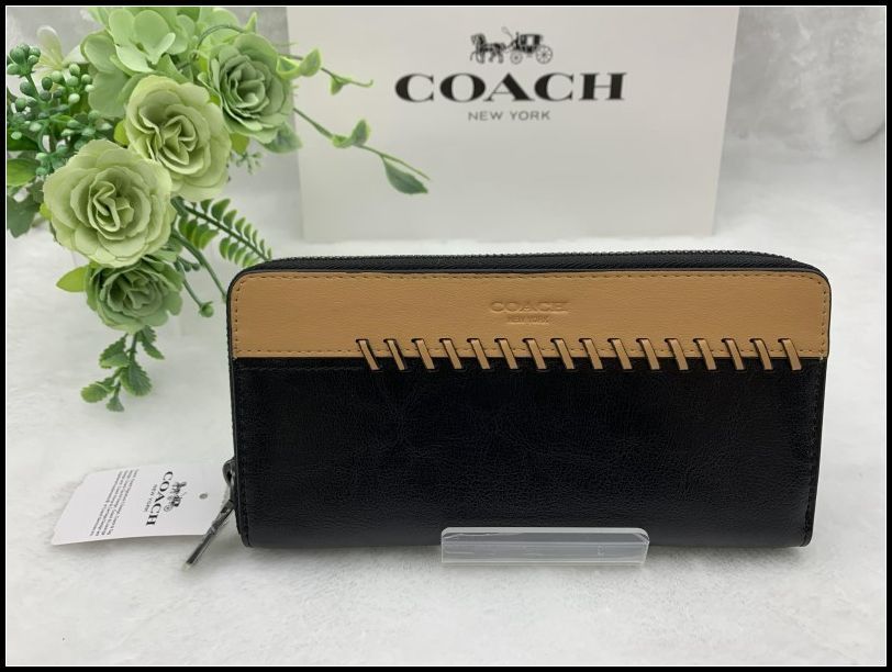 COACH 長財布 コーチ 財布 ブラック ×サドル スポーツ カーフ レザー アコーディオン ウォレット プレゼント 贈り物 ギフト 誕生日 記念日 ラウンドファスナー ファッション レディース メンズ 新品 未使用 F75209 C156Z-7