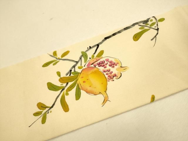 平和屋着物●九寸名古屋帯　手描き　ざくろ　休み鳥枝葉文　正絹　逸品　CAAR1476hy 平和屋着物○九寸名古屋帯 手描き ざくろ 休み鳥枝葉文 正絹 逸品