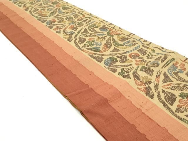 平和屋着物●全通柄袋帯　紬地　型染め　更紗花丸間道　やまと誂製　正絹　逸品　未使用　DAAY0162ob 平和屋着物○全通柄袋帯 紬地 型染め 更紗花丸間道 やまと誂製 正絹