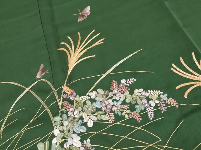 平和屋本店□極上 訪問着 総刺繍 花蝶文 金糸 千歳緑色地 逸品