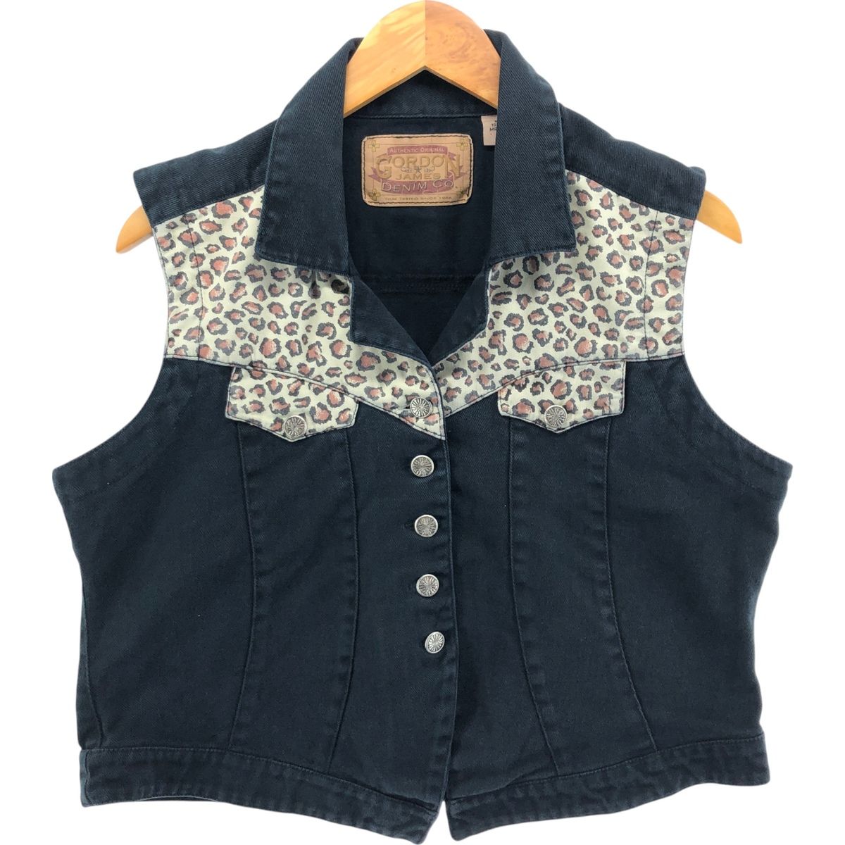 【美品】90s VonDutch デニムカバーオール ヒョウ柄 M 古着 ルード 古着 GORDON JAMES DENIM CO. オープンカラーレオパード柄