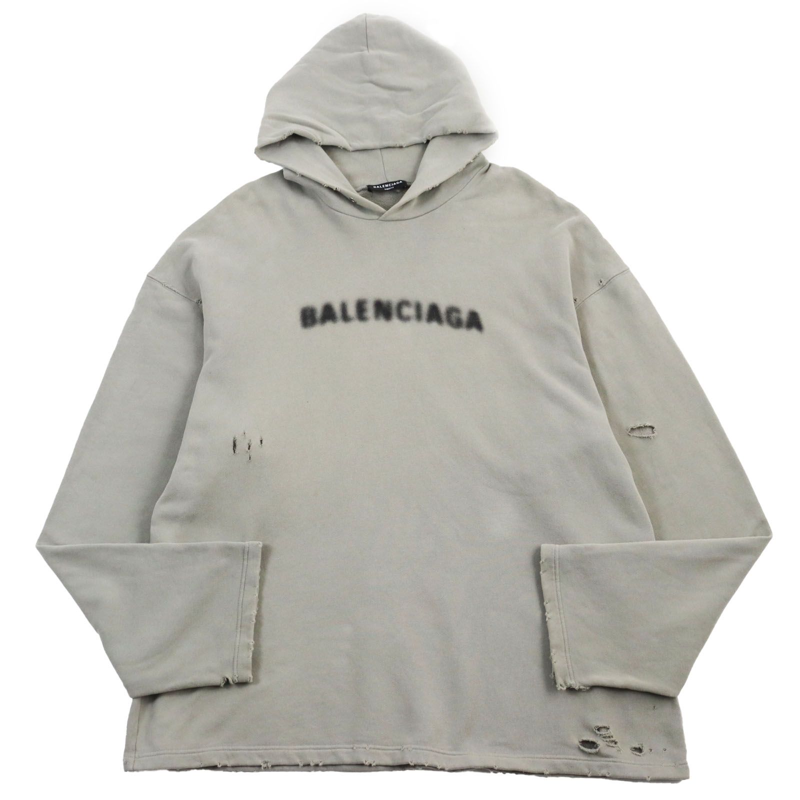 【ドンドン見直し】良品BALENCIAGA バレンシアガ 21AW 661711 ダメージ加工 ピクセルロゴ オーバーサイズ プルオーバーパーカー カーキ XS 正規品 メンズ
