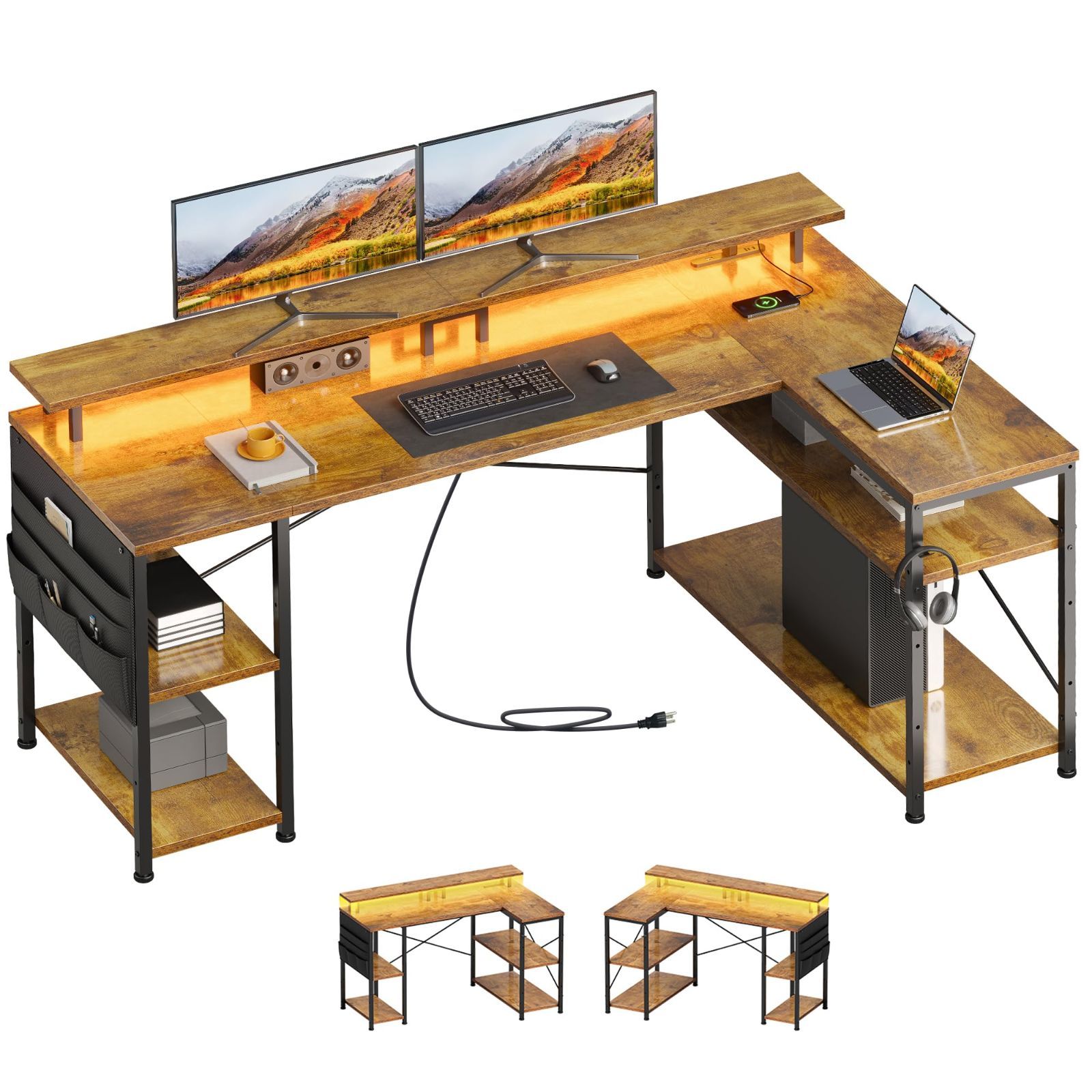 L字型 PC 収納袋付き 棚板高さ調節 勉強机 コーナーデスク 机pcデスク 左右入れ替え対応 パソコンデスク LEDライト付き ゲーム pcデスク幅130cm l字デスク 書斎ビンテージ YeTom