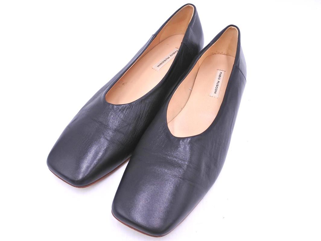 FABIO RUSCONI ファビオルスコーニ 本革 レザー スクエアトゥ フラット パンプス size37.5 23.5～24.0cm |黒 ◎レディース