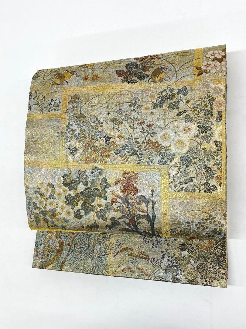 西陣あさぎ 近代花鳥画 琳派大全集 全通全景丸帯 金箔 鶴 鳥 流水 正絹