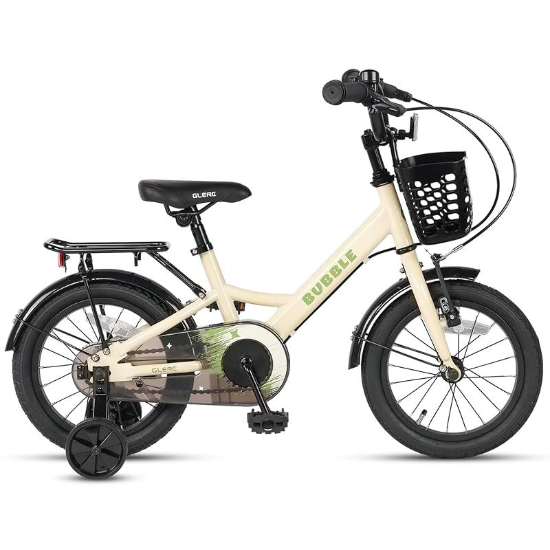 Glerc Bubble子供用自転車 14インチ 星柄 3歳 4歳 5歳 男の子かっこいい自転車 補助輪 キックスタンド 16インチ 前後輪ブレーキ 前かご リアキャリア 泥除け付き ベージュ 0