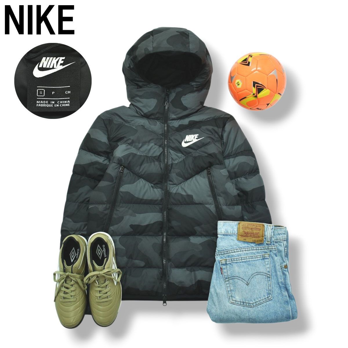 ナイキ NIKE フーデット ダウン ジャケット ウィンドブレーカー キルティング スウッシュ ロゴ プリント ジャンパー S 迷彩柄 チャコール グレー メンズ