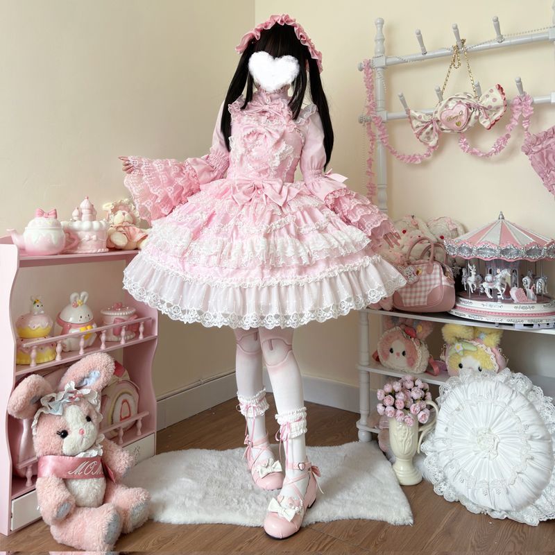 ロリータドレス 豪華なプリンセスドレス 花嫁JSK ストラップワンピース レディースロリータワンピース 甘ロリ 姫系ドレス ゴシック＆ヴィクトリアン風 長袖レース フリル＆リボン付き プリンセス風 JSK 撮影 イベント パーティー衣装