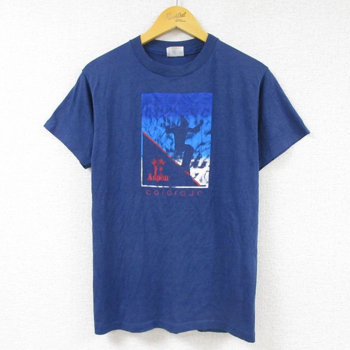 M/古着 ヘインズ 半袖 ビンテージ Tシャツ メンズ 80s スキー アスペン クルーネック 紺 ネイビー 23may15 中古