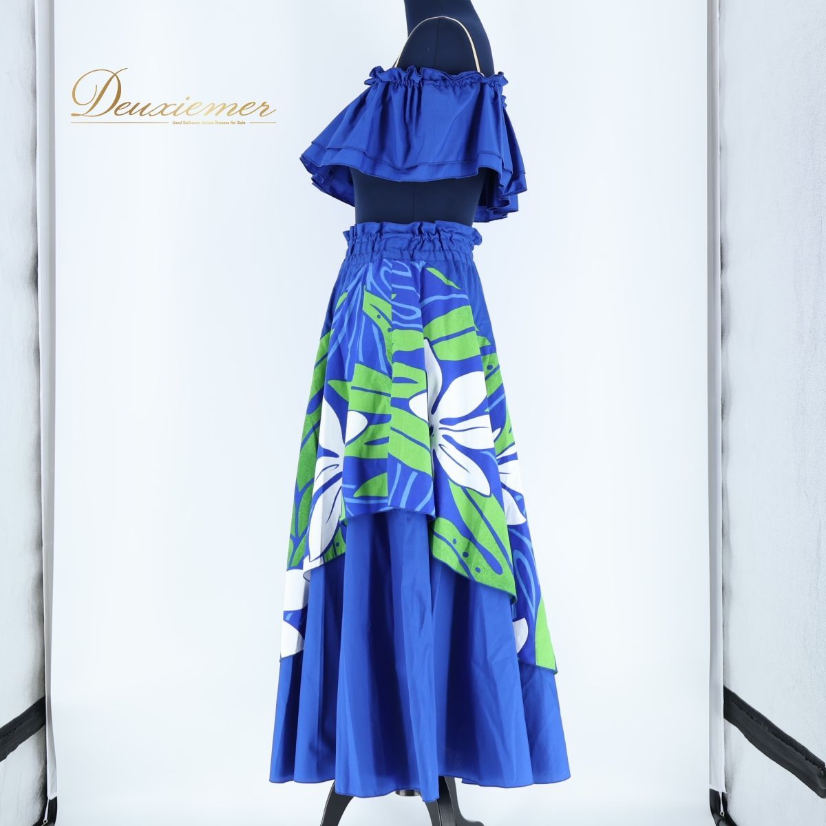 【美品 日本製 フラダンス衣装】ブルー MermaidLine MMJ ドレス フラダンス 衣装 ツーピース セットアップ 上下セット ブルー系