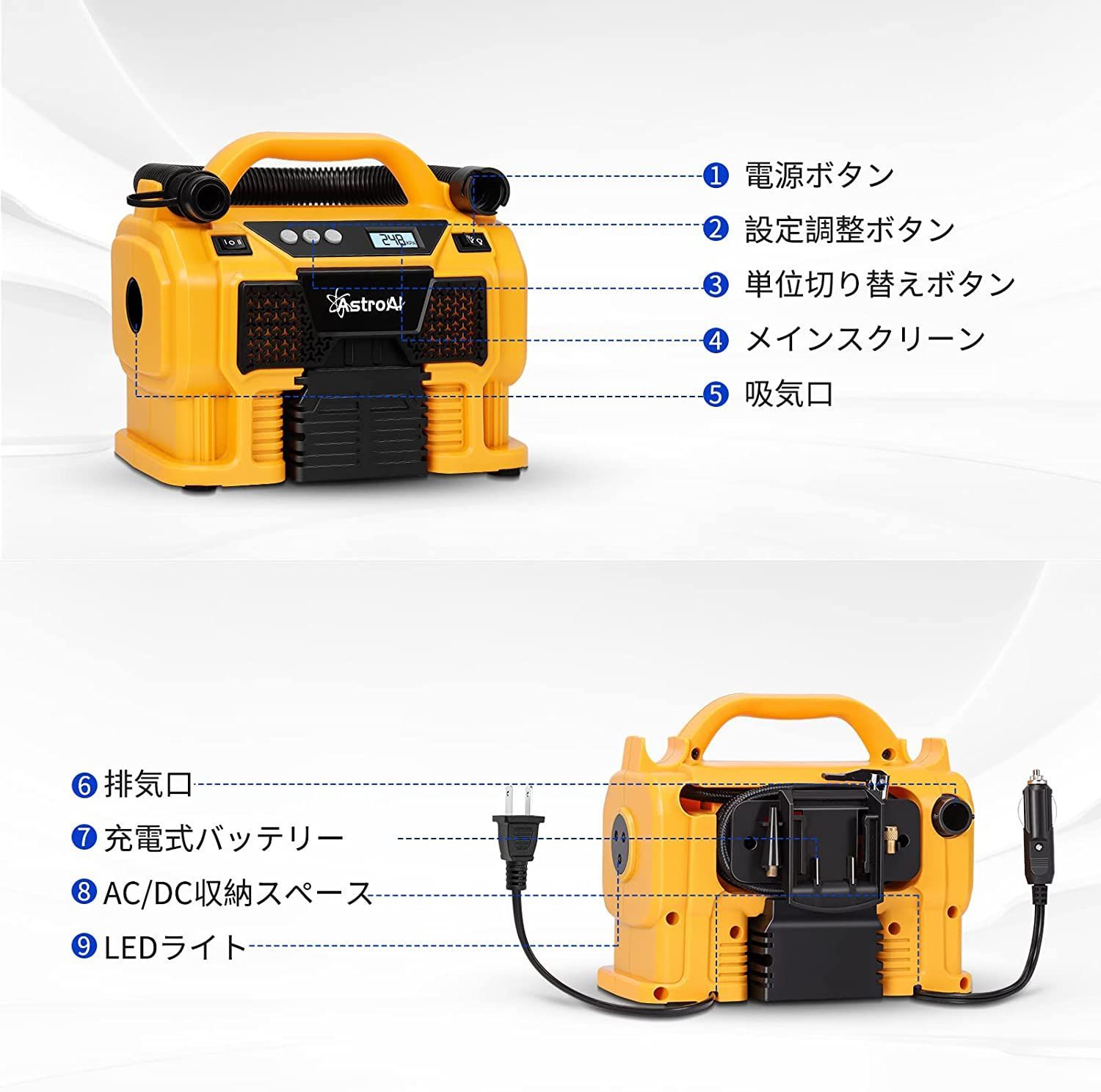 AstroAI エアコンプレッサー 電動空気入れ 電動エアーポンプ 1100KPa