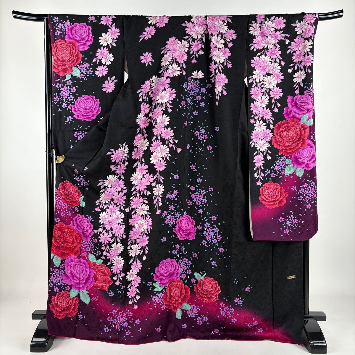 振袖 身丈172.5cm 裄丈72cm L 袷 薔薇 桜 銀通し ラインストーン 黒 正絹