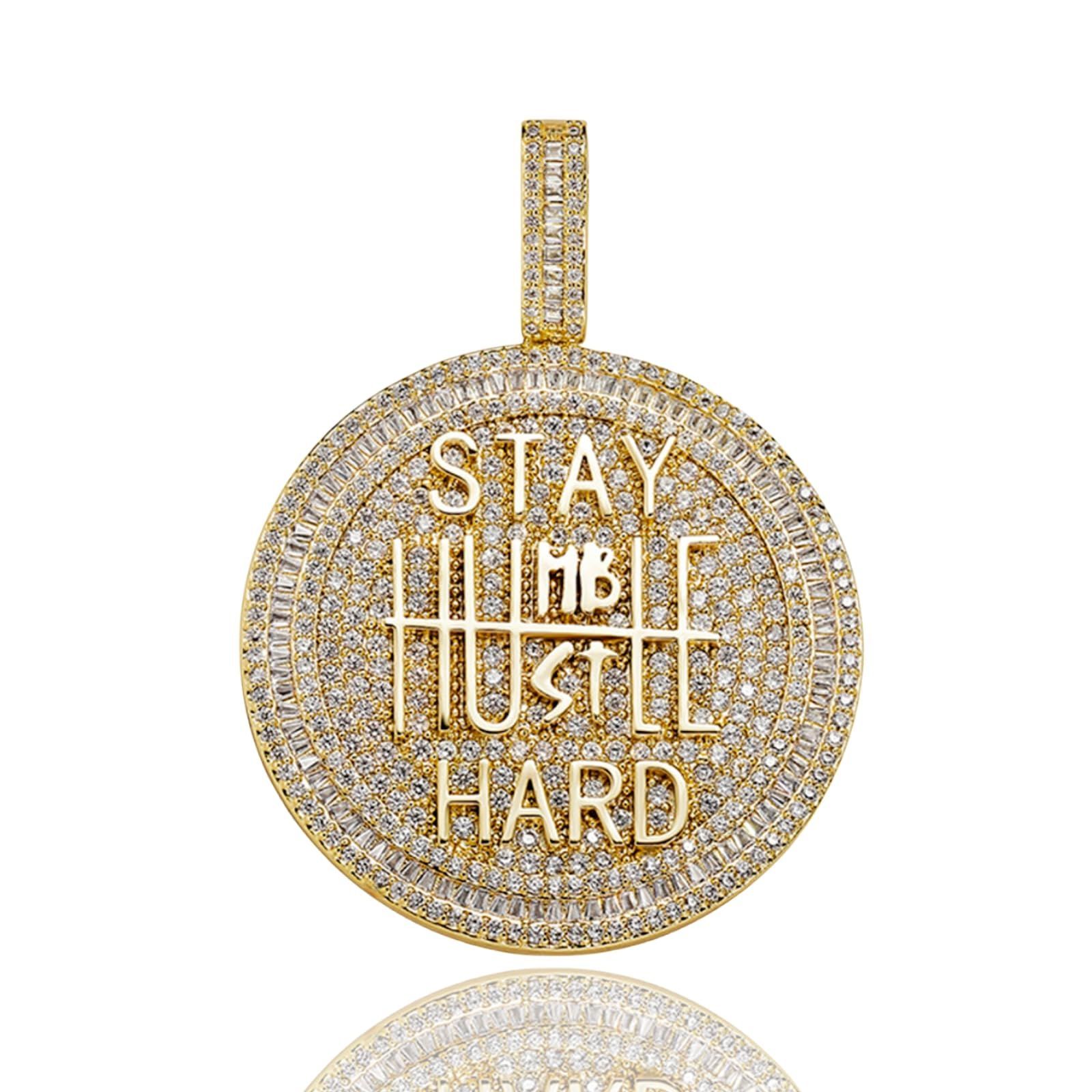 【数量限定】Humble-Hustle Hard Encourage Stay ペンダントネックレス Out フルシャイニーCZダイヤモンド ヒップホップチャームジュエリー Iced メンズ 14K レディース 真鍮 ICEDIAMOND キュービックジルコ