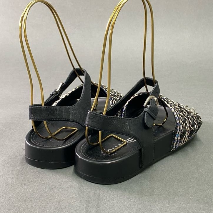 CHANEL チェーンサンダル CHANEL SANDALS MULES SHOES BLACK-LEATHER WITH GOLD CHAIN