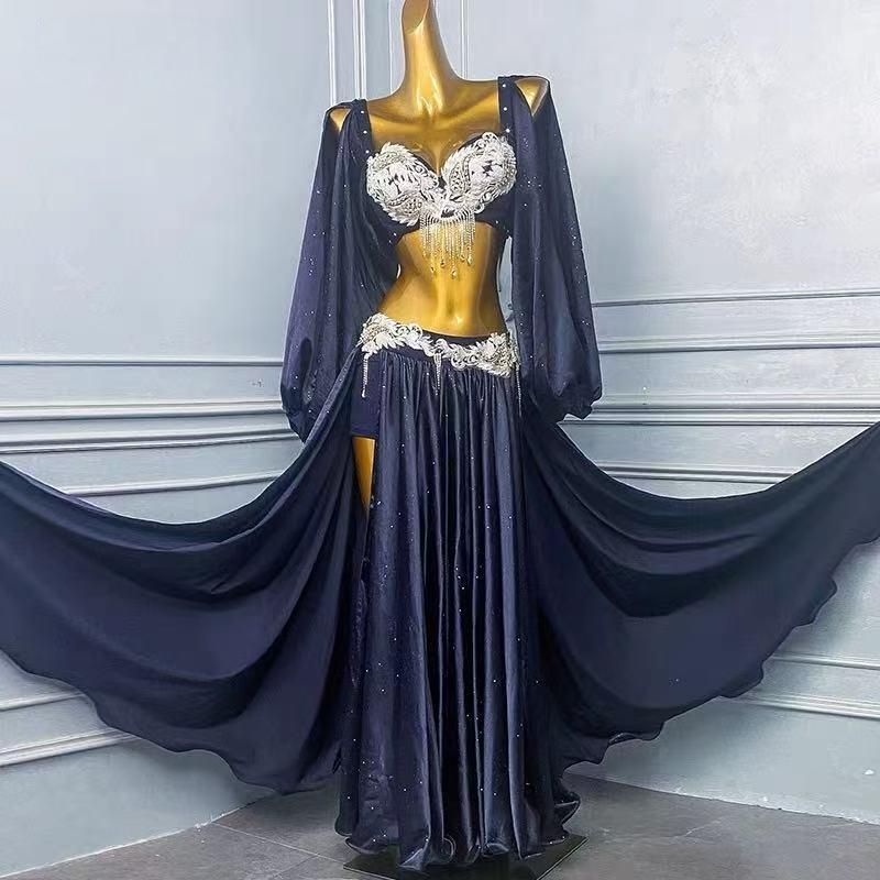 ♥ ベリーダンス オリエンタル衣装 トップス スカート オーダーメイド ステージ衣装 上下セット オリエンタルベリーダンス服 ビーズスパンコール ネイビー