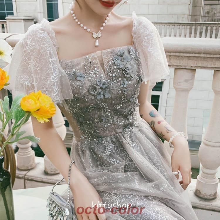 イブニングドレス グレー 花柄 キレイめ 発表会ドレス ロングドレス 黒 ブラック 結婚式ドレス 二次会ドレス お呼ばれドレス ロング丈 Aライン 演奏会ドレスCYB774再
